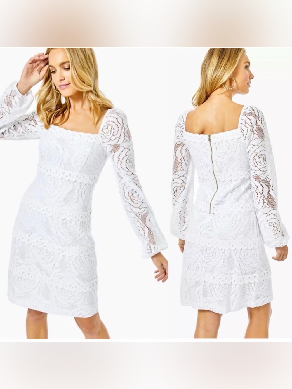 Lilly Pulitzer Zoella Resort White Lace Square-Neck Long-Sleeve Dress